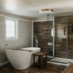 A bathroom with a ceramic tub